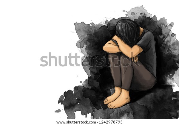悲しい女性が膝を抱き 泣き声をコピースペースで描いたイラスト のイラスト素材