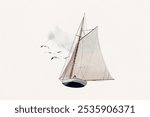 Illustration of a sailboat with seagulls. The sailboat is depicted with detailed sails. Seagulls fly around the sailboat, enhancing the nautical theme. Aesthetic sailboat vintage illustration.