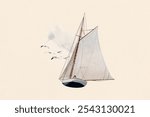 Illustration of a sailboat with seagulls. Sailboat sails in the wind. Seagulls flying around the sailboat. Nautical theme with sailboat and seagulls. Watercolor on beige paper textured background.