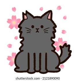 Illustration of "Sakura cat" and cherry blossoms. "Sakura cat" is a Japanese stray cat with a cut ear tip and has undergone contraceptive surgery. It has long hair and a black coat color.