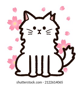 Illustration of "Sakura cat" and cherry blossoms. "Sakura cat" is a Japanese stray cat with a cut ear tip and has undergone contraceptive surgery. It has long hair and a white coat color.