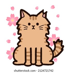 Illustration of "Sakura cat" and cherry blossoms. "Sakura cat" is a Japanese stray cat with a cut ear tip and has undergone contraceptive surgery. It has long hair and a brown coat color.