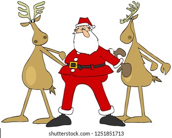 Illustration Of Santa Claus Doing The Floss Dance With Two Of His Reindeer.