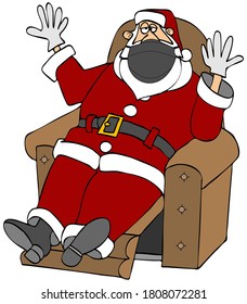 Illustration Of Santa Claus Sitting In A Recliner Chair With His Arms Up In Despair While Wearing A Black Face Mask.