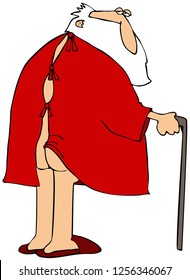 Illustration Of Santa Claus Wearing A Red Hospital Gown Open In The Back With A Corner Of It Lodged In His Butt.