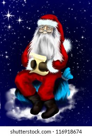 Illustration with Santa Claus who reading on the starry sky a letter from the children - Shutterstock ID 116918674