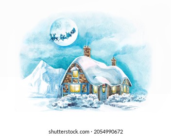 Illustration Santa's Scandinavian - Style House With  Snow  Roof And  Chimney In Lapland .There Is  Big Moon In  Sky With  Flying Santa And Reindeer In  Sled And  Mountain In  Background. Watercolor.