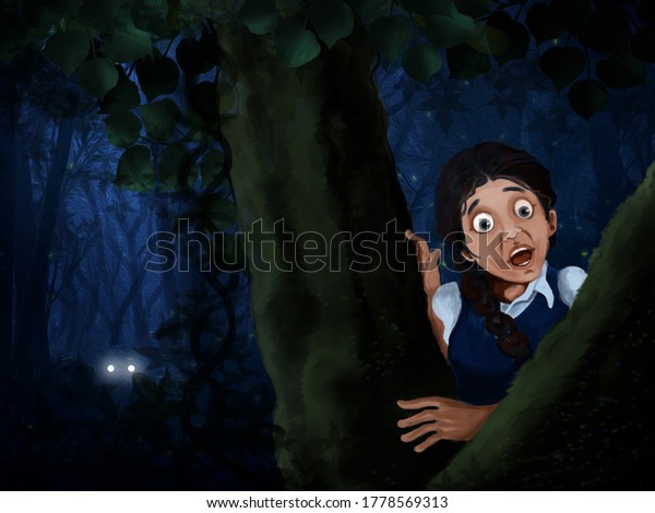 大きな木の下で学校の制服を着た怖い女の子が叫び 遠くに2つのスポットライト 怖い夜景が見える のイラスト素材