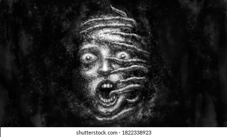 Illustration of scared woman with tentacles on her face. Black and white horror genre picture. Spooky nightmares image. Gloomy character concept. Fantasy drawing for Halloween. Coal and noise effects.