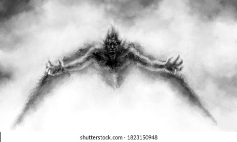 Illustration of scary flying vampire with wings. Black and white horror genre picture. Spooky face of beast from nightmares. Fantasy drawing for creepy Halloween. Grunge, coal and noise effects.