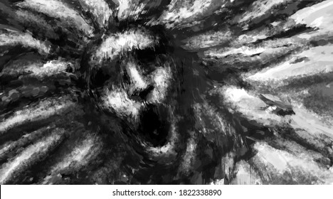 Illustration of scary woman face. Black and white horror genre picture. Spooky image of beast from nightmares. Gloomy character concept. Fantasy drawing for creepy Halloween. Coal and noise effects.
