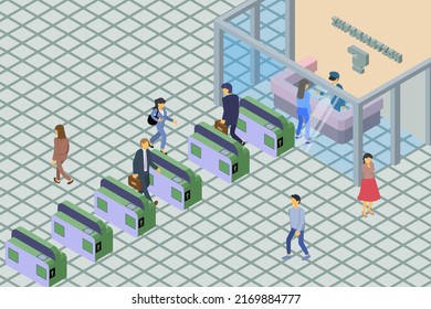 Illustration Of A Scene In Front Of A Station Ticket Gate During Commuting To Work Or School. Three-dimensional Illustration In Isometric Style. No Main Lines. Station Concept.