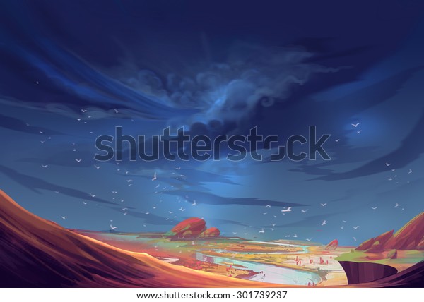 イラスト 嵐が来る前の奇妙な惑星のシーン リアリスティックスタイル Sfトピック シーン 壁紙 背景デザイン のイラスト素材