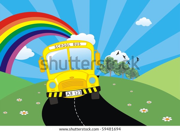 illustration of school bus cartoon with rainbow in
the sky