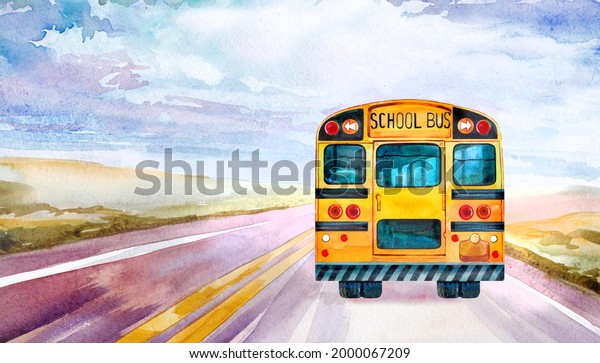 Illustration of a school\
bus on a road with dividing yellow stripes in a valley.\
Watercolour. Print.\
Postcard.