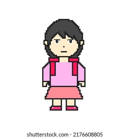 Illustration Of A School Girl With A Straight Face In Pixel Art