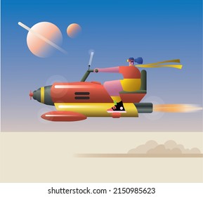 Illustration of a sci fi landscape with a red hover car and jet pilot in goggles riding over a desert planet. Flying futuristic bike. Cyberpunk aircraft concept.