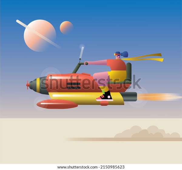 Illustration of a sci fi landscape with\
a red hover car and jet pilot in goggles riding over a desert\
planet. Flying futuristic bike. Cyberpunk aircraft\
concept.