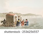 Illustration of sea bathing (1814) by George Walker. Vintage people at sea landscape painting. Vintage people art drawing illustration, old painting art print of people sea landscape.