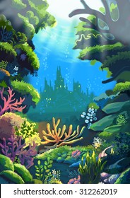 Illustration: The Sea where the Little Mermaids'  Father live. Realistic Style. Scene / Wallpaper / Background Design.