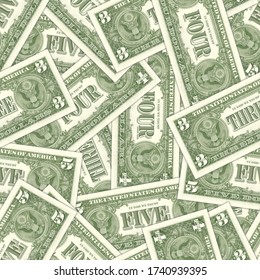Illustration seamless pattern. Modified and non-existent US banknotes in denominations of $ 3, 4 and 5 randomly scattered