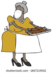 Illustration Of A Senior Black Woman Holding A Tray Full Of Brownies While Wearing A Face Mask.