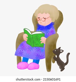 Illustration Of A Senior Lady Reading A Book By Her Cat