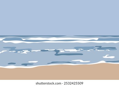 Illustration of a serene beach with gentle waves background. The beach scene captures the calm ocean, sandy shore, and tranquil waves under a clear sky background. - Powered by Shutterstock