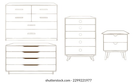 Illustration of a set of cabinets with drawers in different sizes in black and white line art