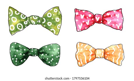 illustration a set of colorful bow ties in different colors with different patterns hand-drawn in watercolor for your design