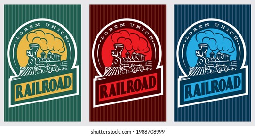 Illustration with set of colorful retro posters with vintage locomotive.
