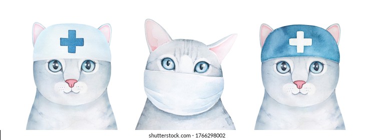 Illustration Set Of Different Cat Characters Wearing Surgery Face Mask And Hat With Medical Cross Sign. Hand Drawn Watercolour Graphic Paint On White Background, Isolated Clip Art Elements For Design.