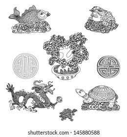 Illustration set with Feng Shui motives. Dragon, frog, fish, turtle and money tree