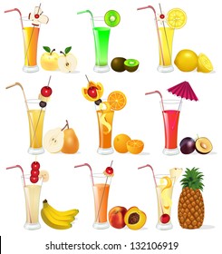 illustration of a set of fruit juices from pineapple, plum, banana peach