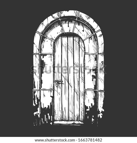 illustration set of hand drawn middle age vintage door. Isolated on black background