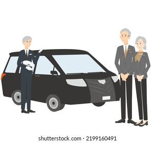 Illustration Of A Set Of Male And Female Concierges With A Senior Man Who Has Switched Careers To Become A Cab Driver.