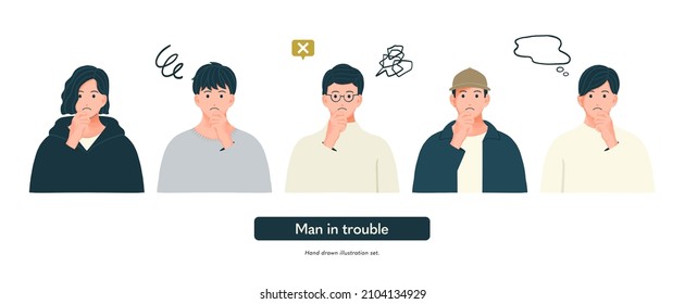 Illustration Set Of A Man Who Is In Trouble And Thinking Icon Upper Body