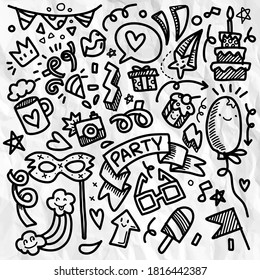 Illustration, Set of Party illustration Hand drawn doodle Sketch line 