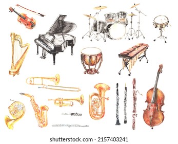 Illustration Set Of Various Musical Instruments Drawn In Watercolor