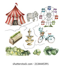 Illustration Set With Watercolor Elements - Kids Amusement Park, Carousels, Circus, Bycicle Hand Drawn Isolated On A White Background, Elephant, Ferris Wheel For Map Creator, Icon, Logo