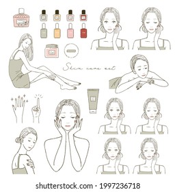 Illustration set of a woman taking care of her skin.