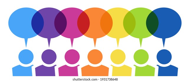 Illustration Of Seven Different Colored Team People With Speech Bubbles Over Their Head And Free Space For Text