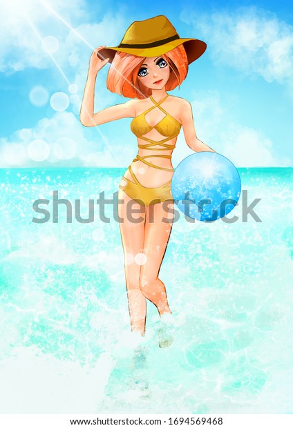 黄色いビキニとカウボーイハット 海を背景にしたセクシーなアニメ女の子のイラスト のイラスト素材