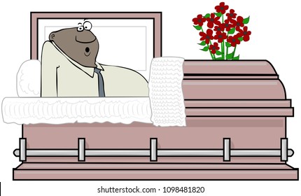 Illustration Of A Shocked Black Man Waking Up Inside A Metal Coffin.