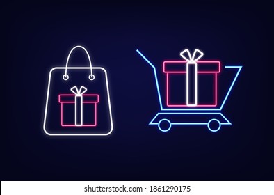 Illustration Of The Shopping Bag. A Gift In A Shopping Bag And In A Shopping Trolley On Dark Blue Background.Neon Icons.