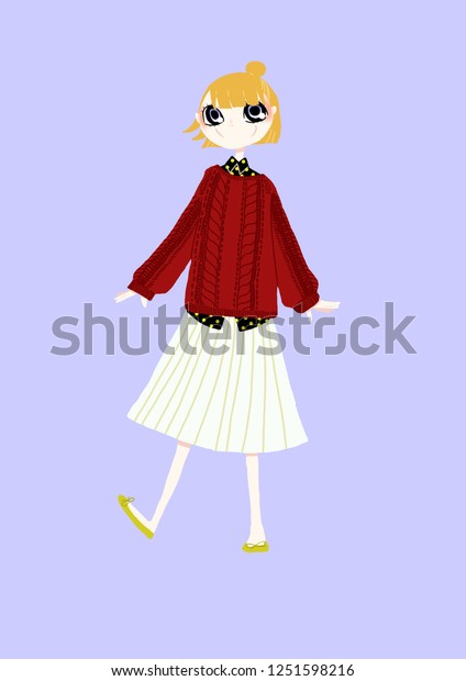 Illustration Short Hair Girl Deep Red Stock Illustration 1251598216