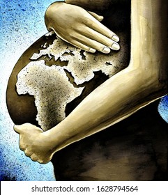 Illustration showing pregnant woman holding a earth-shaped belly with African continent and other continents