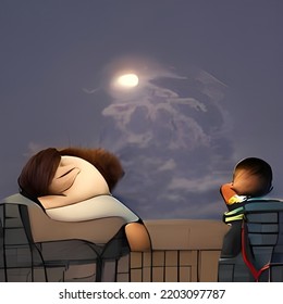 The Illustration Shows An Artwork Of A Child Watching The Nighttime Sky With A Moon