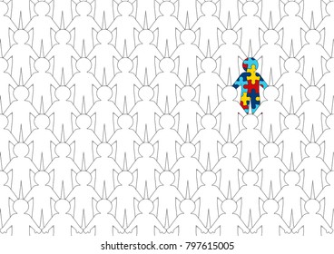 Illustration Shows World Autism Awareness Day. It Depicts A Lot Of People Holding Hands Together Among Whom A Person With Autism Syndrome Is Conferred.