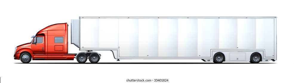 Illustration Of Side View Of Red Semi Truck With A White Trailer. Vehicle Transport.